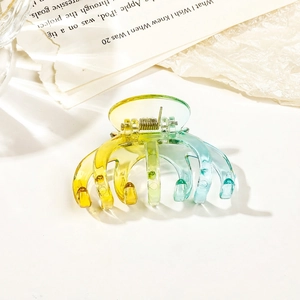 Detail shot of a gradient transparent square hair claw with a glossy resin finish