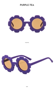 Detail view of purple sunflower children's sunglasses with brown lenses from multiple angles