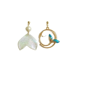 Asymmetric mermaid whale tail drop earrings with pearls and shimmering ocean theme