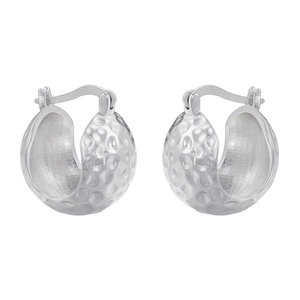Detailed view of silver hoop earrings with a hammered texture and hinge closure