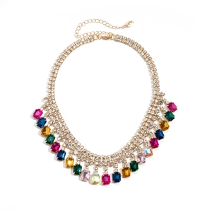 Statement multilayer necklace with colorful rectangular crystals and gold-tone fringe chains