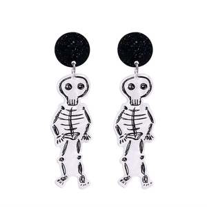 Halloween skeleton drop earrings featuring black glitter studs and white acrylic charms