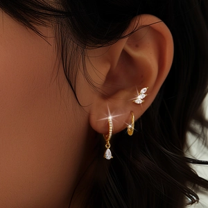 Detailed view of three-piece gold plated S925 silver turquoise and zircon earring set