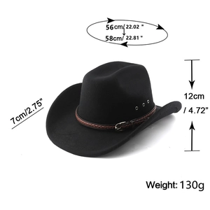 Vue détaillée du chapeau de cowboy noir en feutre avec bandeau tressé et dimensions