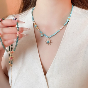 Collier De Perles Avec Perle D'eau Douce Pierre Turquoise Pendentif Soleil Bijoux Style Bohème Ethnique Pour Femmes