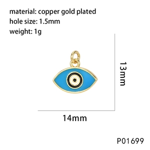 Blue evil eye charm pendant with gold plating dimensions and 1.5mm hole size details