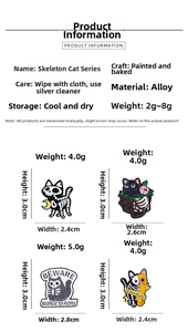 Detail view of cartoon skull cat pins with sizes and weights shown for Halloween decor