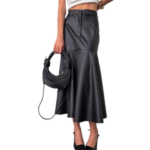 Jupe midi sirène taille haute en cuir PU noir pour femme avec coupe élégante moulante