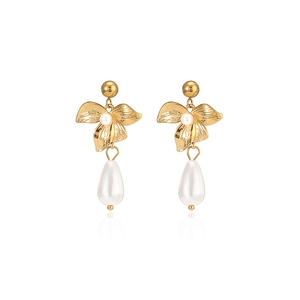 Golden 3D flower earrings with dangling pearl drops and stainless steel plating finish