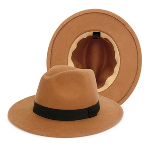 Classic camel wool felt fedora hat with black ribbon band and wide brim for men and women