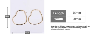 Size chart showing large gold heart hoop earrings with dimensions 55mm by 50mm
