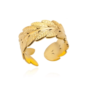 Detailed view of an 18k gold plated stainless steel feather ring with adjustable open band