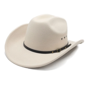 Detail of beige felt western cowboy hat with brown leather rivet band and metal eyelets