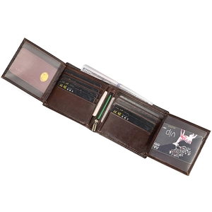 Detailed view of genuine leather tri-fold wallet showing multiple card slots and card windows