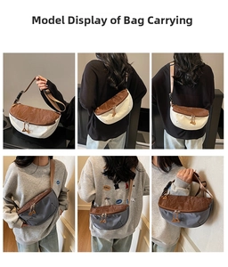 Detail shots of a crescent crossbody bag featuring contrast colors and dual zippers