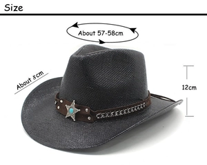 Dimensions détaillées du chapeau de paille de l'ouest noir avec étoile et tour de 57-58cm