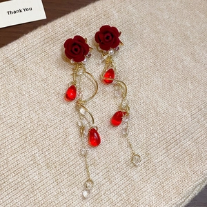 Elegant silver needle velvet rose earrings with long tassels and pearl accents