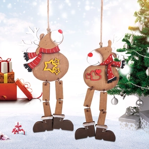 Wooden Christmas Reindeer Hanging Decorations Long Leg Reindeer Ornament With Fabric Scarf Star Heart Pattern Rustic Home Decor