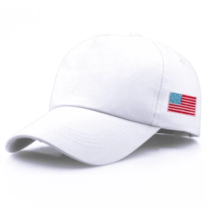 Classic white baseball cap with detailed American flag embroidery on the side panel