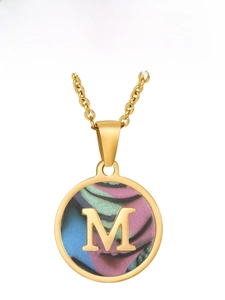 Detail of 18K gold-plated stainless steel necklace with round 'M' shell pendant