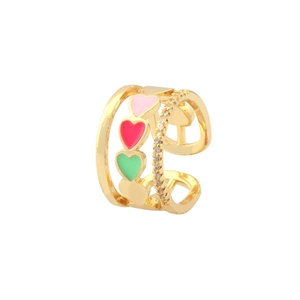 Golden multi-layer open ring featuring colorful enamel hearts and sparkling zircon accents