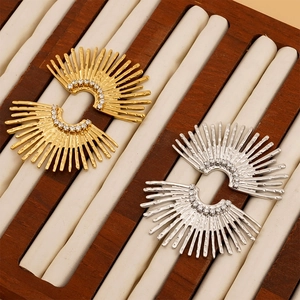 Golden and silver sunburst stainless steel hoop earrings with clear crystal stones
