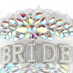 White bridal captain hat featuring BRIDE pearl lettering and AB rhinestones for parties