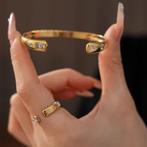 Stainless Steel Zircon Water Drop Cuff Bracelet And Adjustable Open Ring Gold Plated Vintage Elegant Women Jewelry