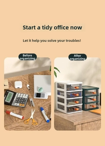 Macro shot of desk organizers with transparent drawers and orange handles for stationery