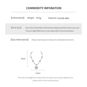 Detailed technical diagram of a heart and cross pendant necklace with multi-color crystals