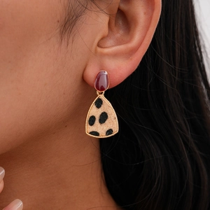Vintage leopard print triangle earrings with red-brown studs and gold metallic border