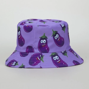 Close-up of cute purple bucket hat with funny cartoon eggplant pattern prints