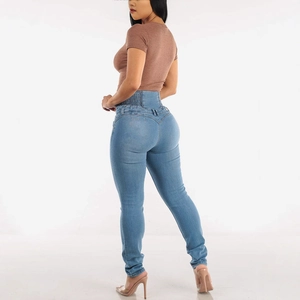 High waist stretch skinny jeans in light blue featuring a ruched elastic waistband for women