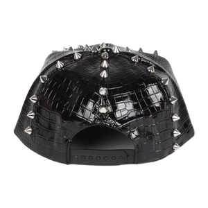 Punk style black faux crocodile leather snapback hat with silver metal cone studs