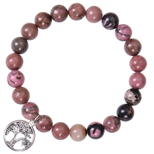 Detail of purple natural stone bead bracelet featuring a silver Tree of Life charm