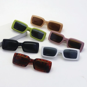 Various color options of retro square sunglasses including green, cream, and tortoiseshell