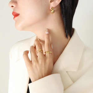 Elegant 18K gold plated C-shaped zircon earrings and sunburst texture rings set on model