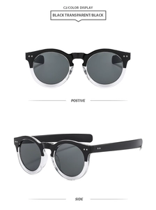 Front and side views of retro round sunglasses with black transparent frames and dark lenses