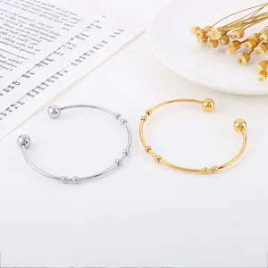 Stainless Steel C Shaped Open Cuff Bangle Bracelet With Ball Ends Minimalist Geometric Polished Jewelry For Women
