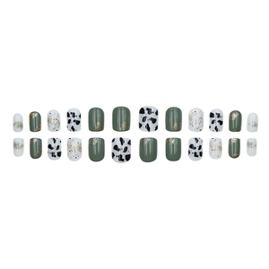 24pcs short square press-on nails with green tones, cow patterns, and gold glitter accents