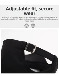 Detail of adjustable metal buckle and breathable texture on black sports sun hat