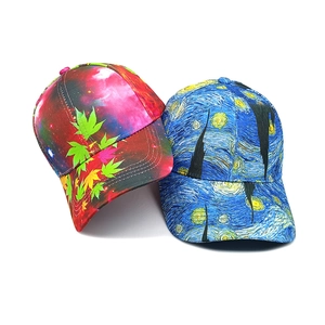 Detail of artistic baseball caps with Starry Night print and colorful maple leaf patterns