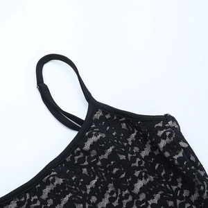 Close-up of intricate black lace patterns and delicate shoulder straps on the jumpsuit
