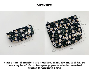 Detailed size specifications for daisy embroidered cosmetic bag and pencil case