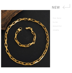 Detail showing chunky gold rectangle link chain set with lobster clasp on black background