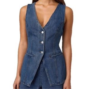 Gilet en jean sans manches pour femme avec col en V et boutons, coloris bleu foncé