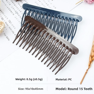 Detail view of round 15-tooth PC hair combs in dark blue and brown with size measurements