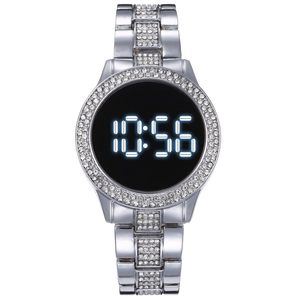 Silver dual-row rhinestone waterproof LED digital watch with stylish metal band