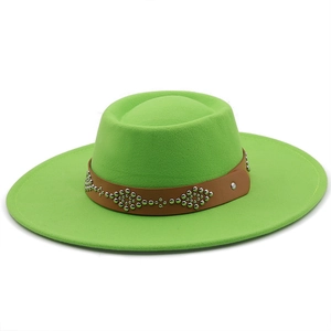 Detail of the green wool felt fedora with a studded leather belt and 9.5cm wide brim