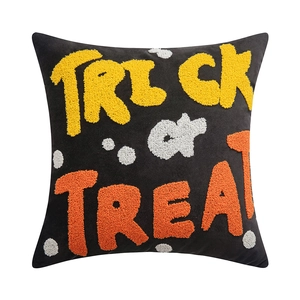 Black plush Halloween pillow cover with colorful Trick or Treat chenille embroidery